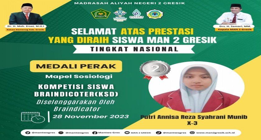 Putri Annisa dari MAN 2 Gresik Raih Medali Perak pada Kompetisi Siswa Braindicator (KSB)