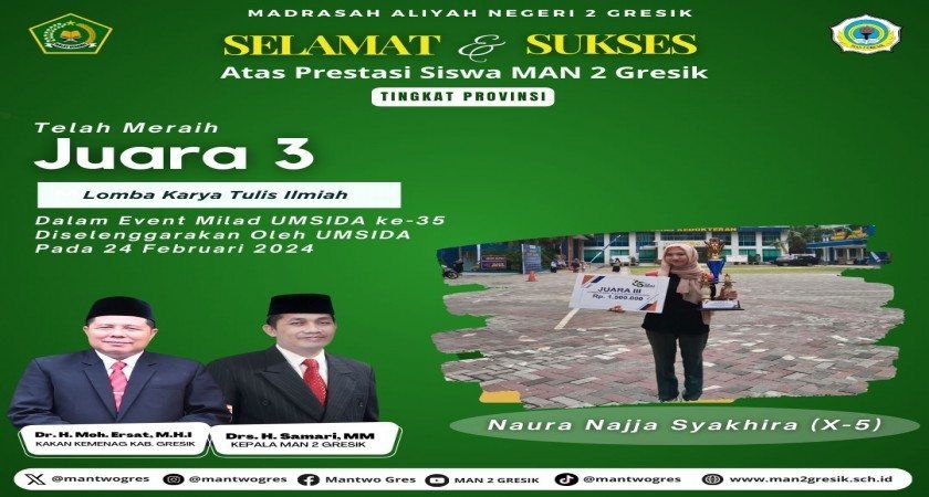Naura Najjah Syakhira dari MAN 2 Gresik Meraih Juara 3 dalam Lomba KTI di Milad Universitas Muhammadiyah Sidoarjo