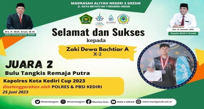 Zaki Dewa Siswa MAN 2 Gresik Juara 2 Bulu Tangkis Remaja Putra dalam Kapolres Kota Kediri Cup 2023
