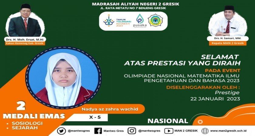 DUA MEDALI EMAS BERHASIL DIRAIH NADYA DALAM OLIMPIADE TINGKAT NASIONAL